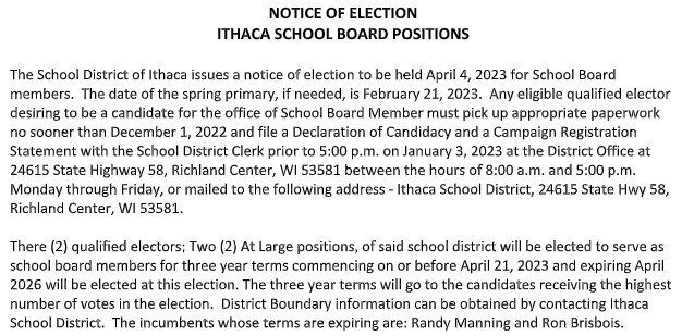 Notice of Election - Ithaca School Board Positions