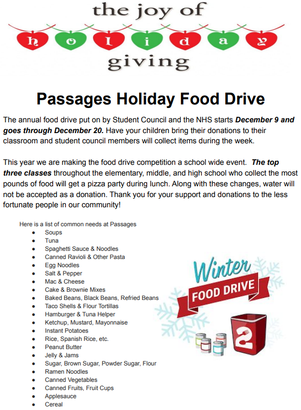 Annual Student Council and National Honor Society Passages Food Drive