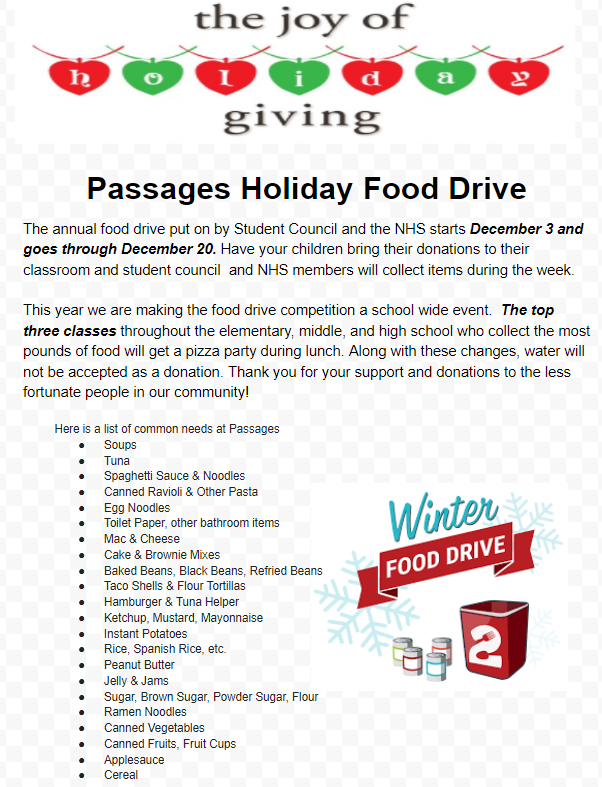 Passages Holiday Food Drive sponsored by Student Council and National Honor Society