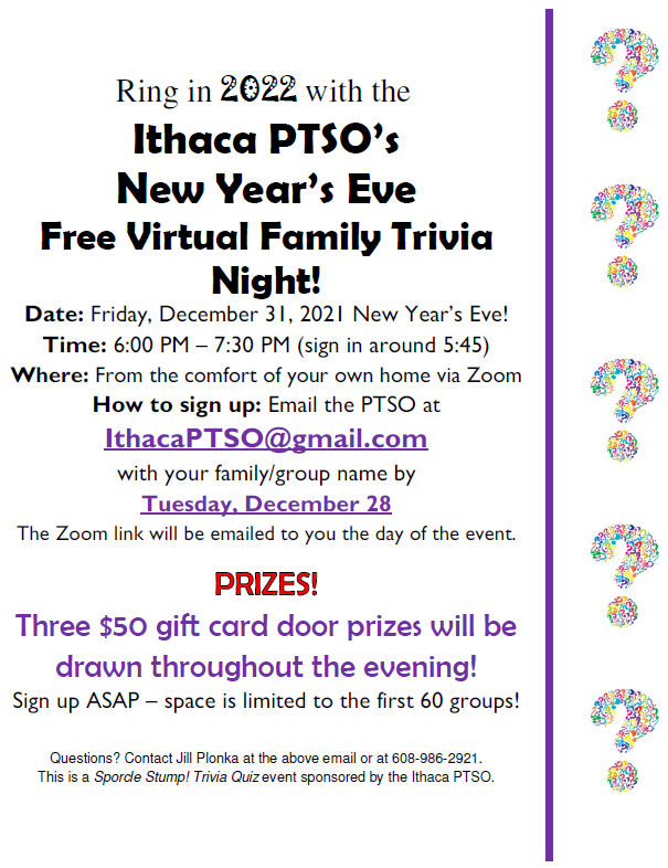 Ithaca PTSO's New Year's Eve Virtual Family Trivia Night on December 31st at 6pm