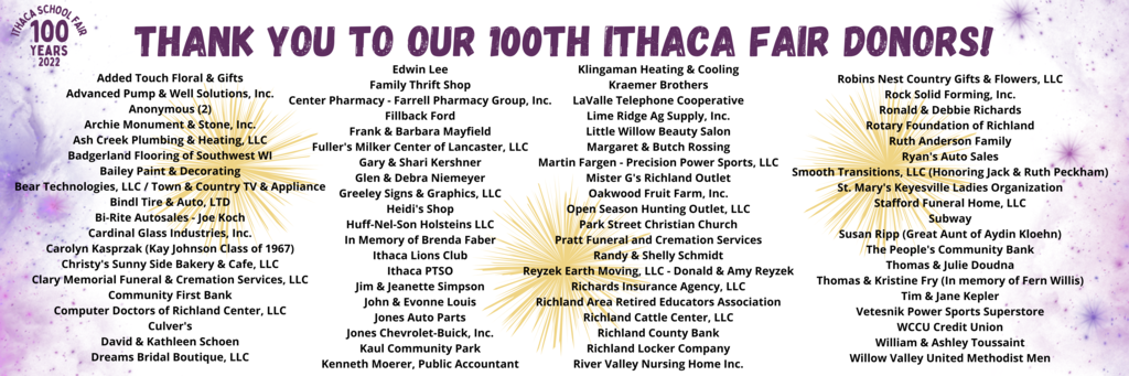 Thank you to all the 100th Ithaca School Fair Donors