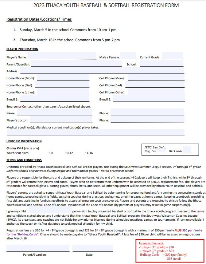 2023 Ithaca Youth Baseball and Softball registration form