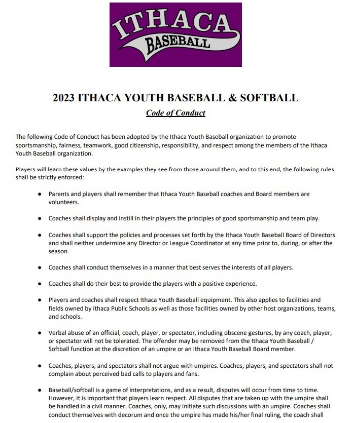 2023 Ithaca Youth Baseball and Softball Code of Conduct page 1