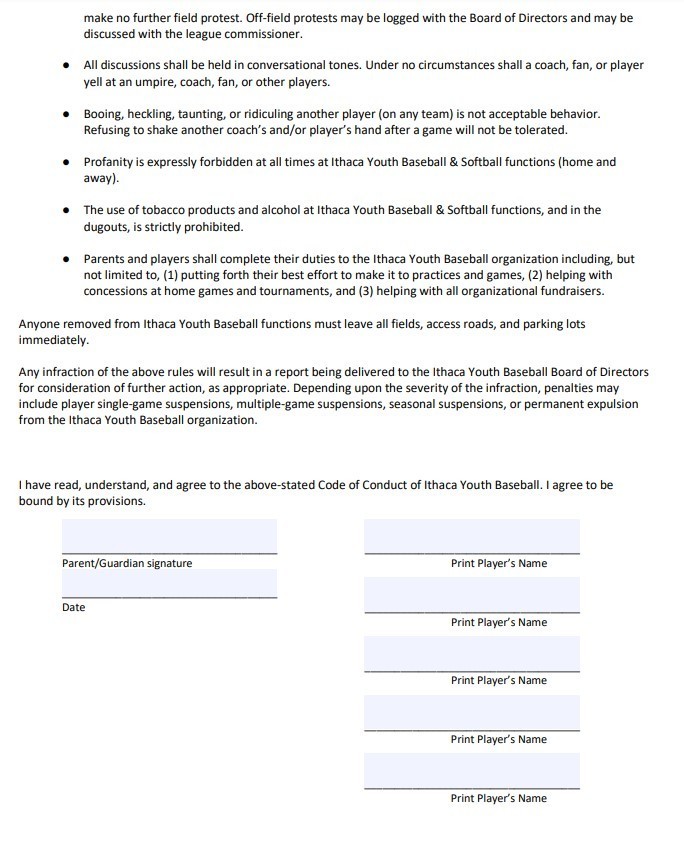 2023 Ithaca Youth Baseball and Softball Code of Conduct page 2