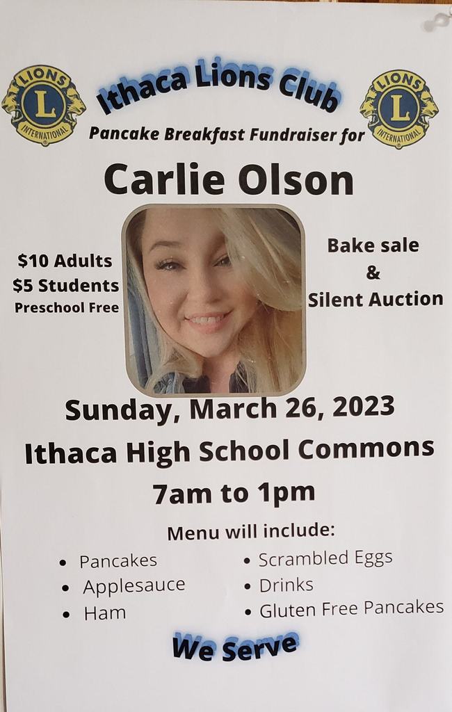 Carlie Olson pancake breakfast organized by the Ithaca Lions March 26th